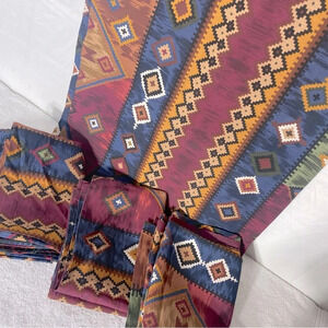 Vintage Burgundy  Blue Yellow Southwestern Print Curtains x4 Panels